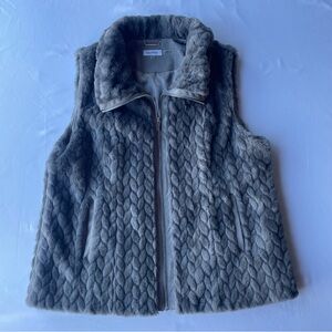 Calvin Klein Faux Fur Vest XL Gray Marled Cable Knit Zip High Neck Luxe